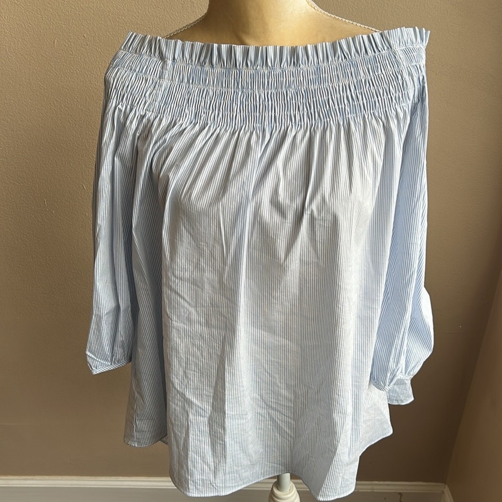 Do + Be Women’s Blouse Striped Blue White Sz S Off Shoulder ST2125